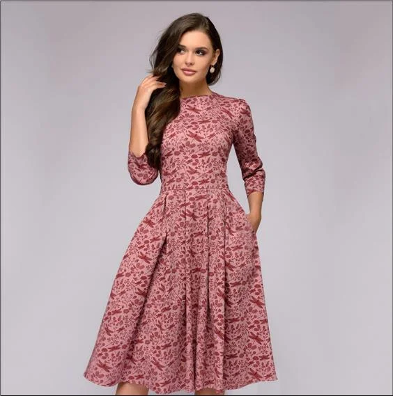 Uveng Party Vintage Small Floral Urban Style 3/4 Sleeve Round Neck Dress
