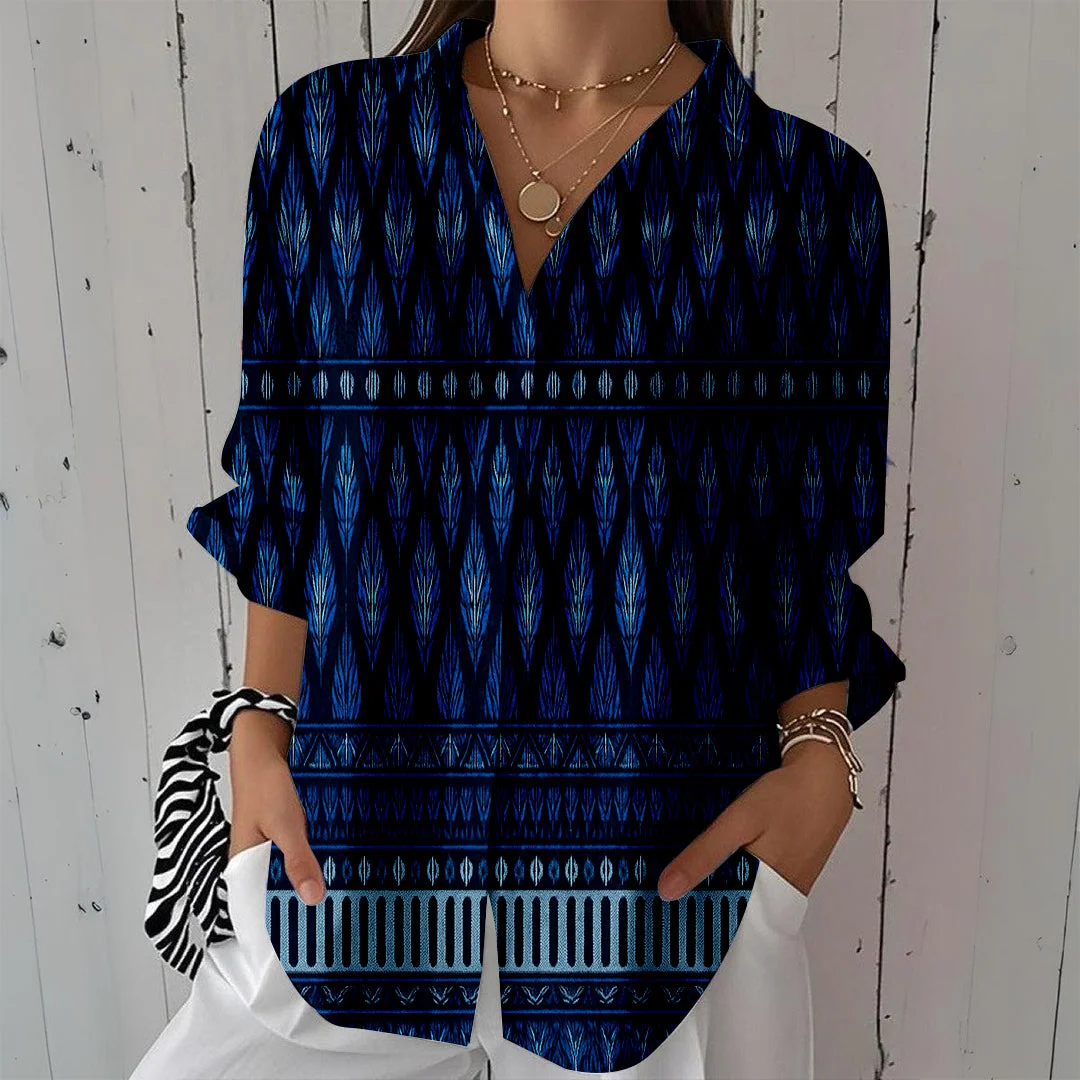 Style & Comfort for Mature Women Women Geometric,Blue DZCL0296 3/4 Sleeve Shirt Collar Printed Button Tops