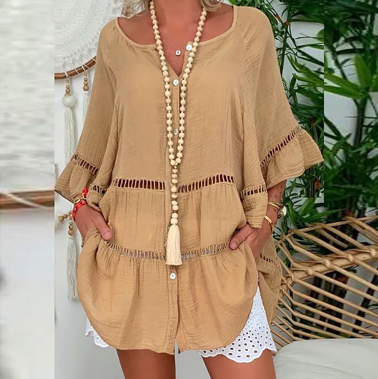 Cotton Linen V-neck Loose Hollow Mini Dresses