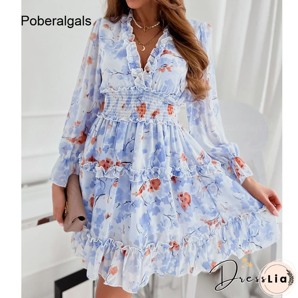 Summer Elegant Ruffles Print Mini Dress Women Sexy Halter V-neck Long-sleeved Waist Puff Sleeve Dresses Women Sundresses