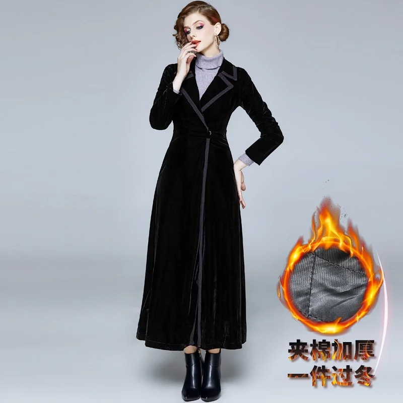 Uveng Winter Runway Designer Women Vintage Notched Collar Wrap Black Velvet Maxi Coat Thick Warm Long Trench Coat Outwear