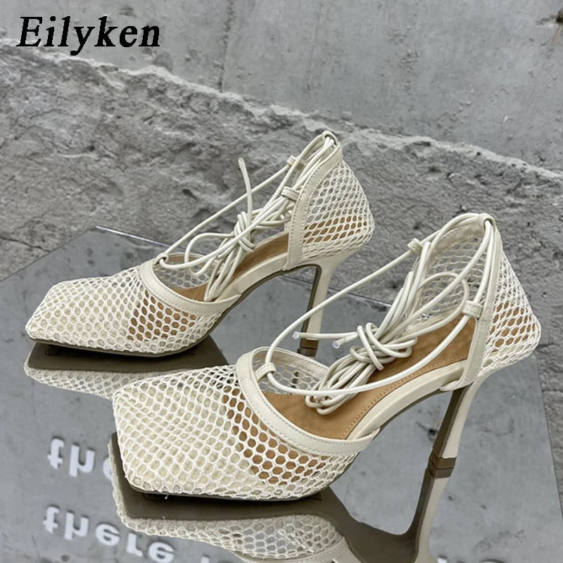 Eilyken Sexy Green Mesh Pumps Sandals Female Square Toe high heel Lace Up Cross-tied Stiletto hollow Dress shoes size 35-42
