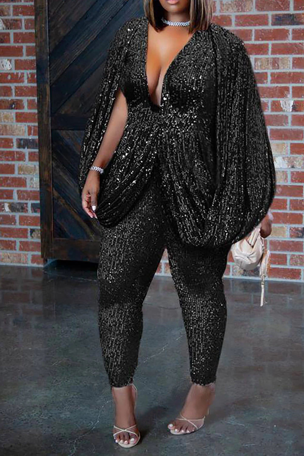Plus Size Party Jumpsuit Black Sequin Legging V Neck Sequin Jumpsuit