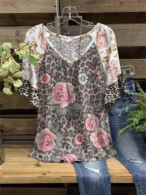Women's 2024 Floral Print T-Shirt V-Neck Ruffle Short Sleeve Tee