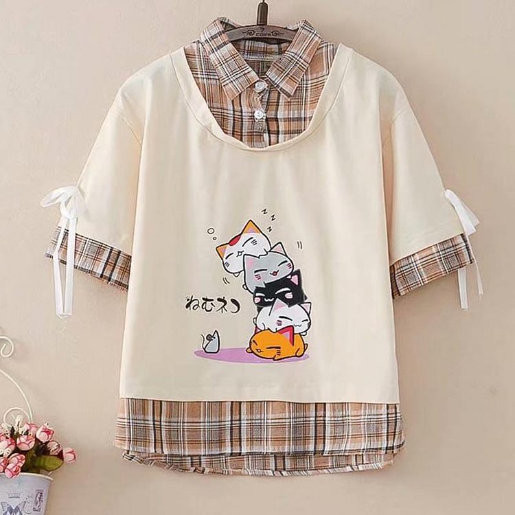 Kitty Mouse Print Fake Two-Piece T-Shirt - Modakawa Modakawa