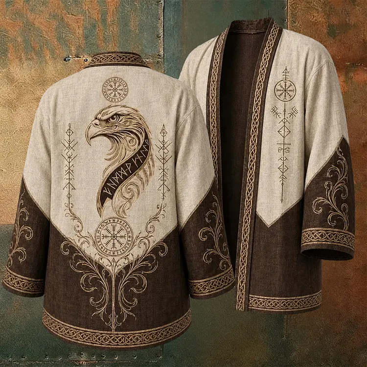 Men's Retro Viking Rune And Eagle Patchwork Pattern Casual Cardigan