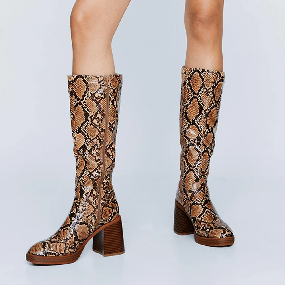 Multicolor Round Toe Knee High Boots Snakeskin Leather Boots