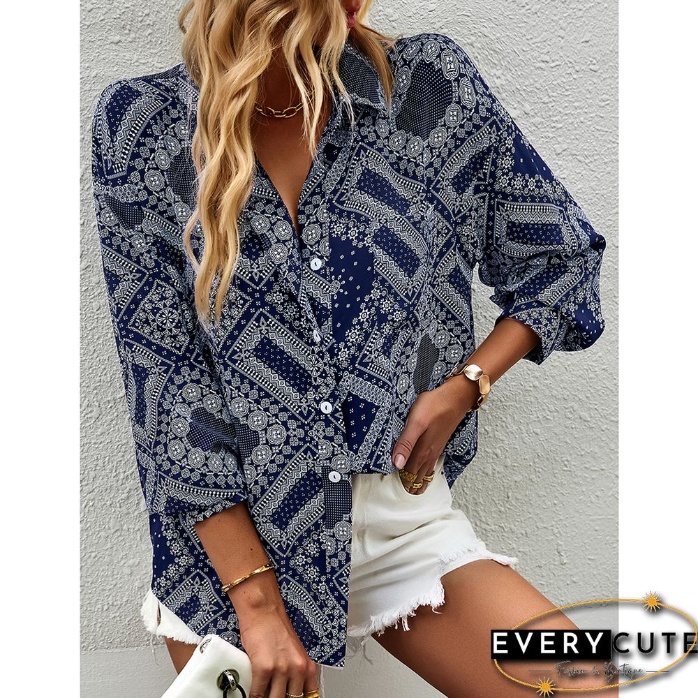 Navy Blue Digital Print Button Pocket Shirt