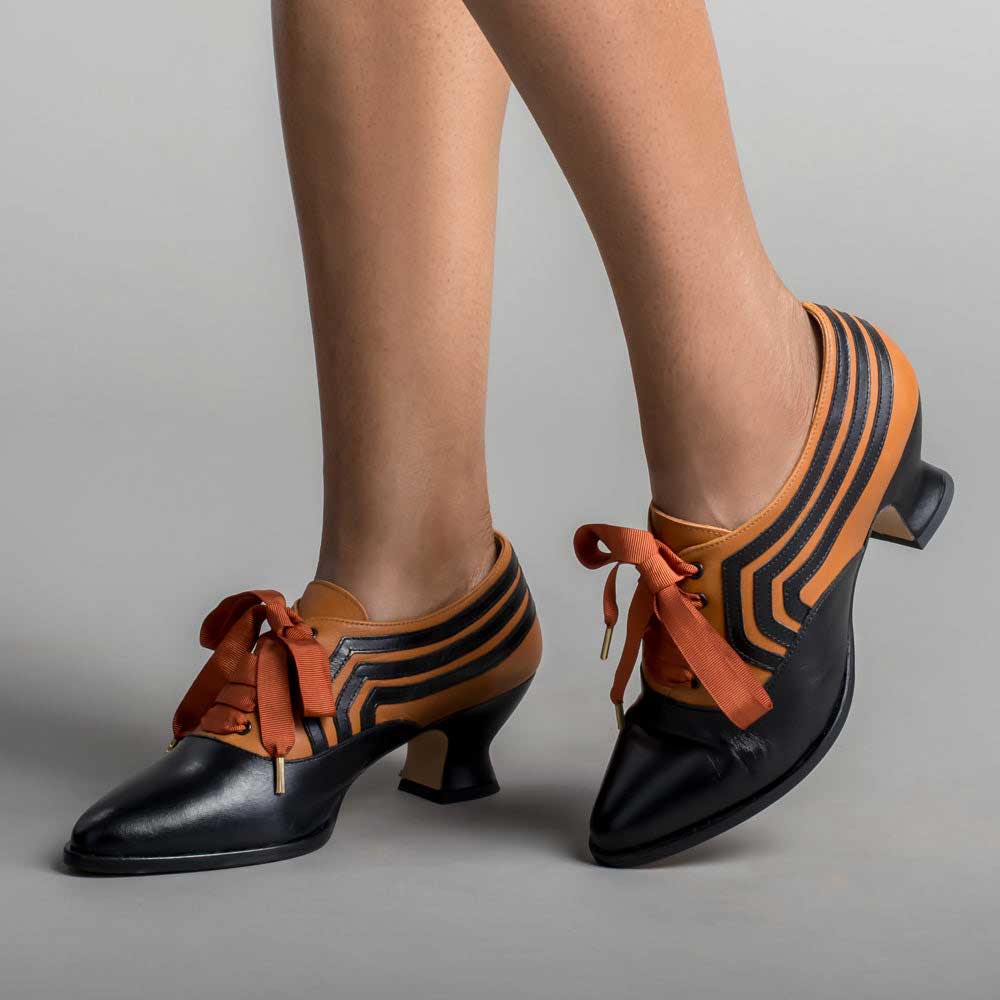 Black Vegan Leather Orange Stripes Lace-Up Oxford Shoes for Women Nicepairs