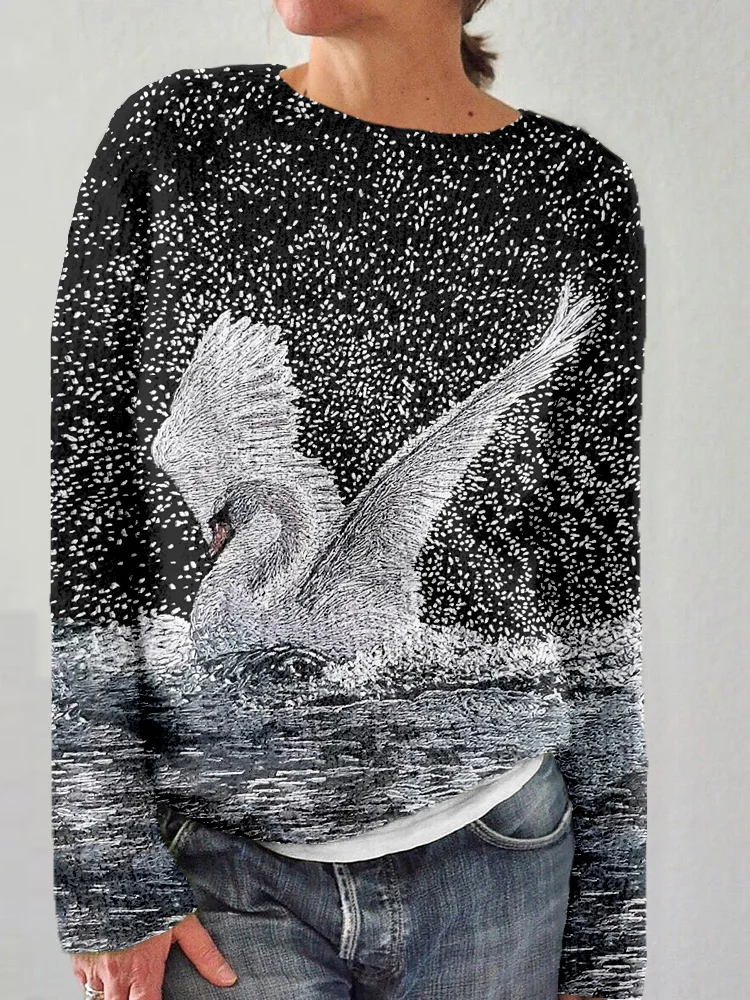 VChics Beautiful Swan Embroidery Art Cozy Knit Sweater
