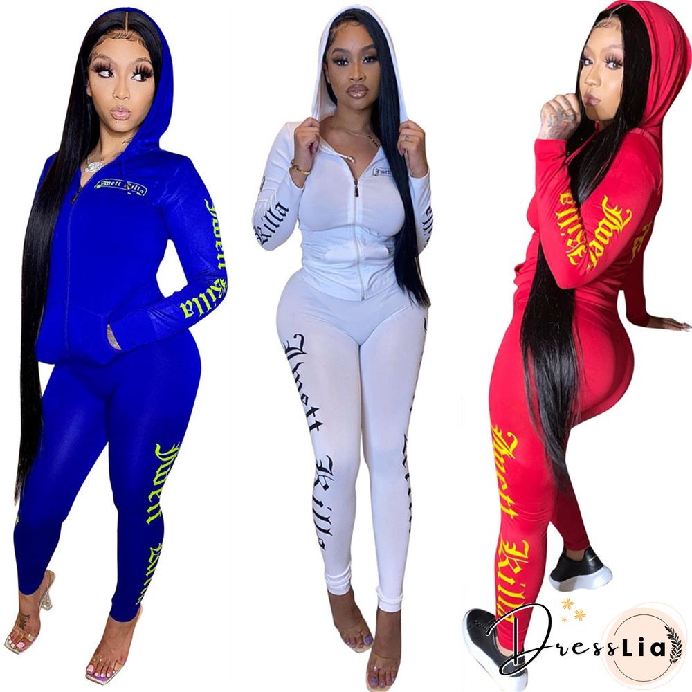 Long Sleeve Hooded Sportwear Zipper Coat Pants Two Pieces Set