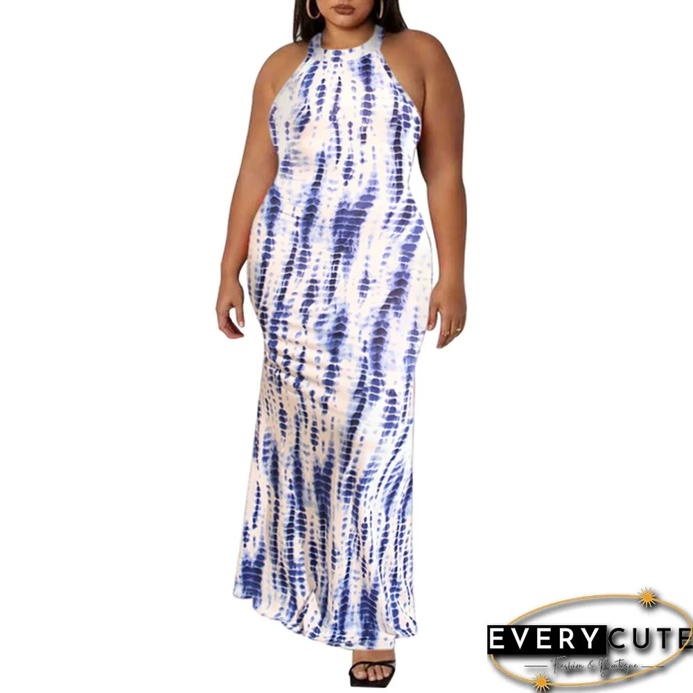 Light Blue Printed Sleeveless Plus Size Maxi Dress