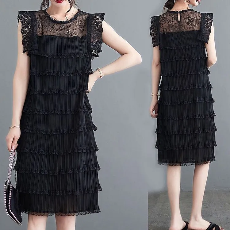 Plus Size Black Lace Tiered Dress