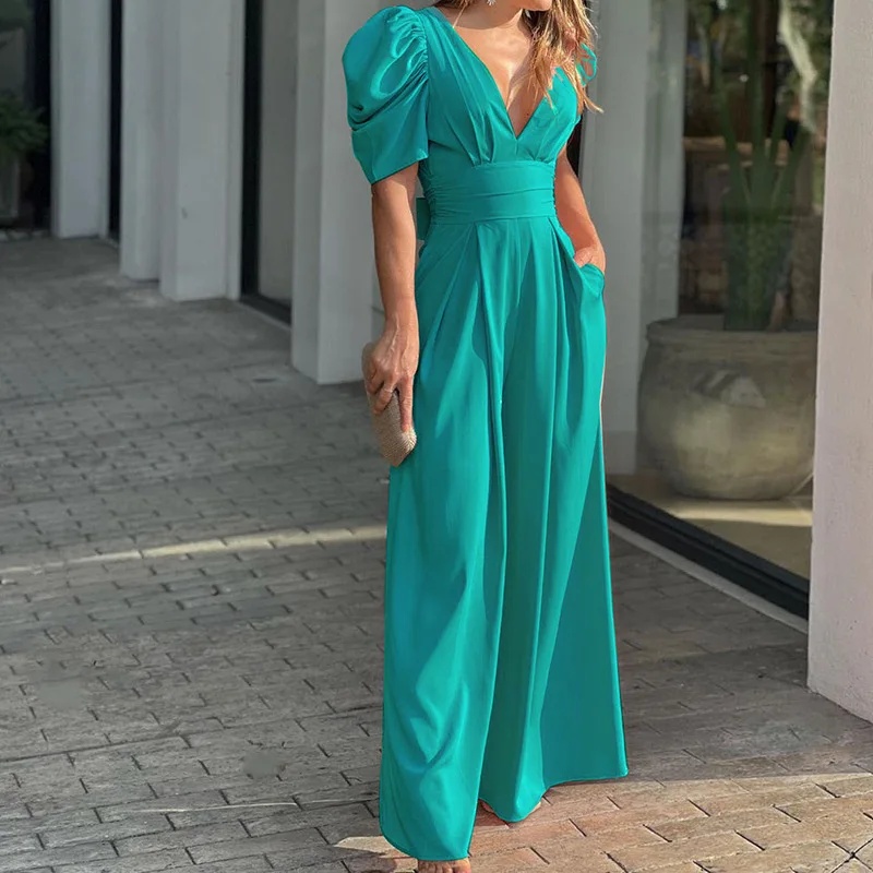 2025 Summer Elegant Wide-Leg Jumpsuit – Short Sleeve Plus Size One-Piece for Women
