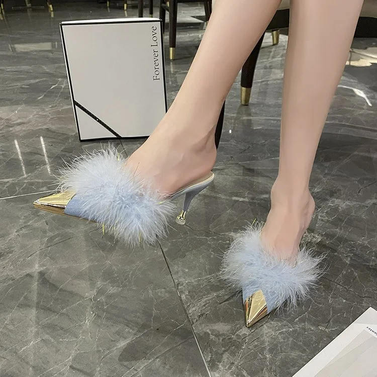 Yyvonne Head Hair Slippers Women In The Autumn Of 2025 New Pointed Head Wear Metal Head Fine And Sweet Temperament Lazy Half-Dragging