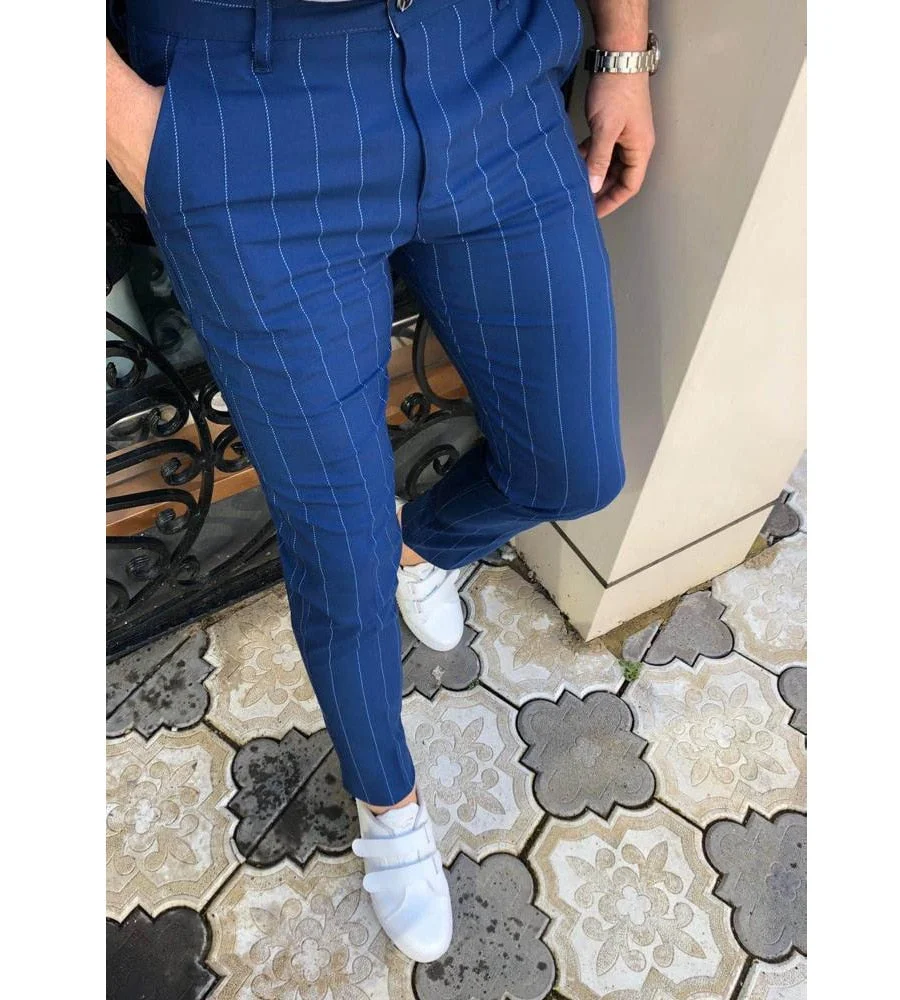 Aonga 2022 Fashion Men Casual Business Pants Slim Fit Striped Zipper Long Pants Cotton Midweight Full Length Pencil Pants Trousers