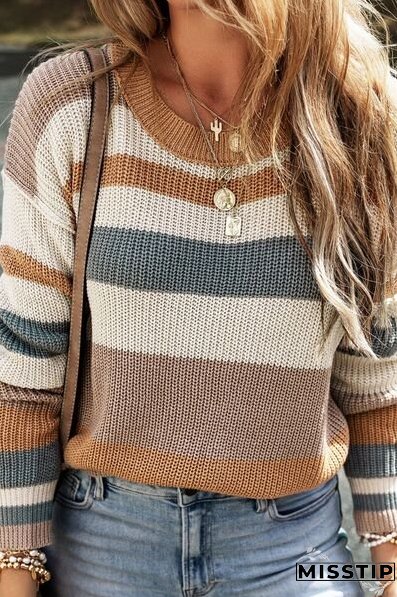 Striped Round Neck Dropped Shoulder Sweater