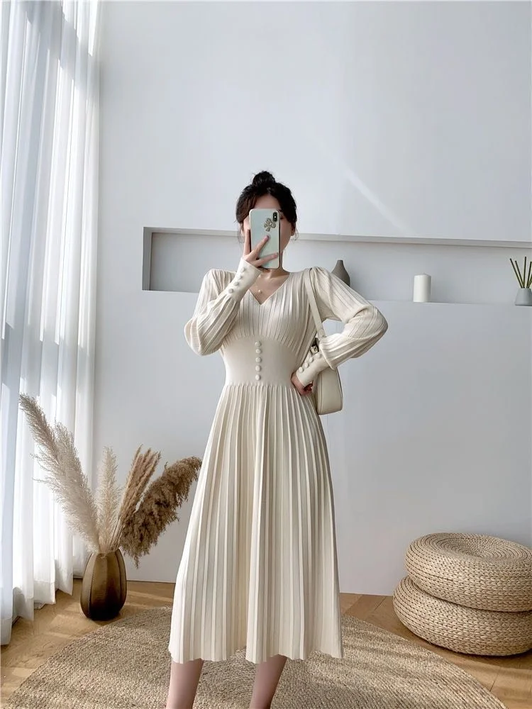 Elegant Solid Color V-Neck  Long Sleeve Knitted Dress 