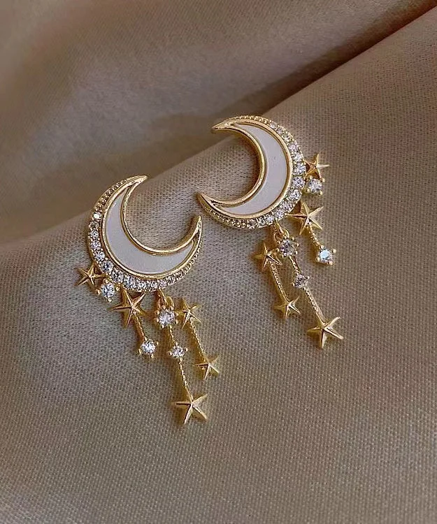 Beautiful Gold Sterling Silver Overgild Zircon Moon Star Drop Earrings