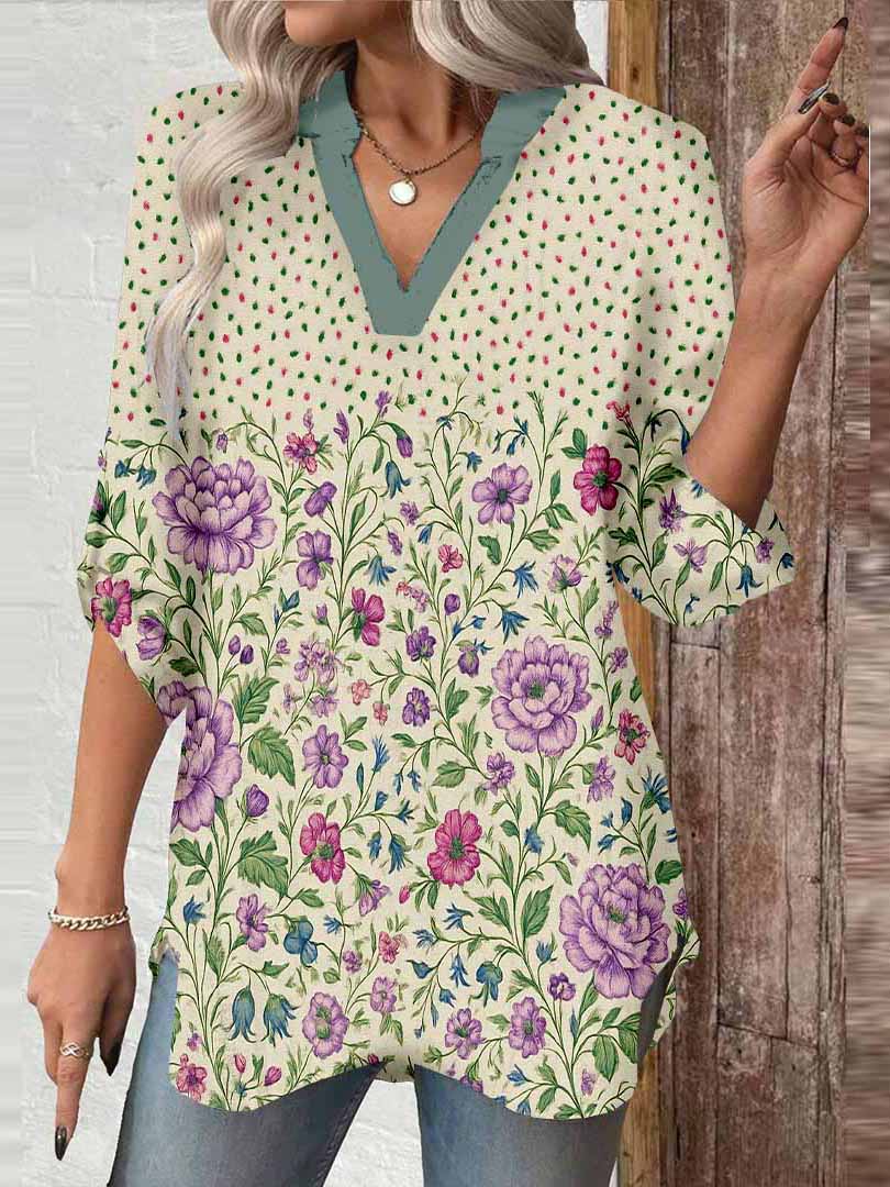 Women Floral, Beige, Purple DZGA0406 3/4 Sleeve V-neck Printed Graphic Button Tops