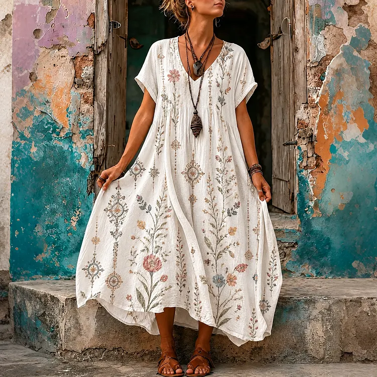 Women's Retro Floral Art Linen V-neck Short-sleeved Long Dress