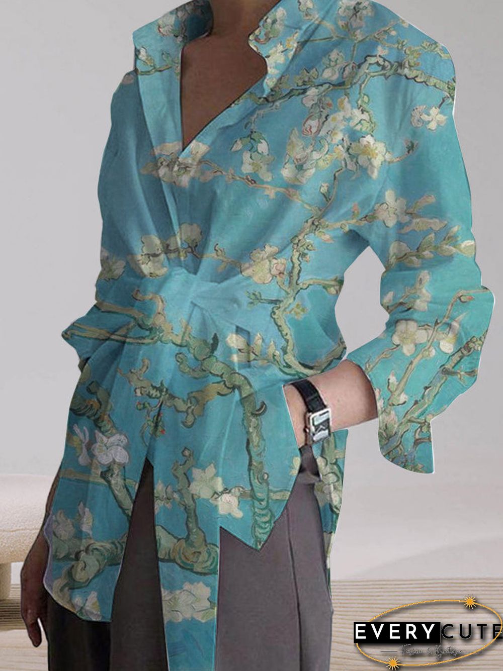 Floral Loose Tie Long Sleeve Casual Shirt Top