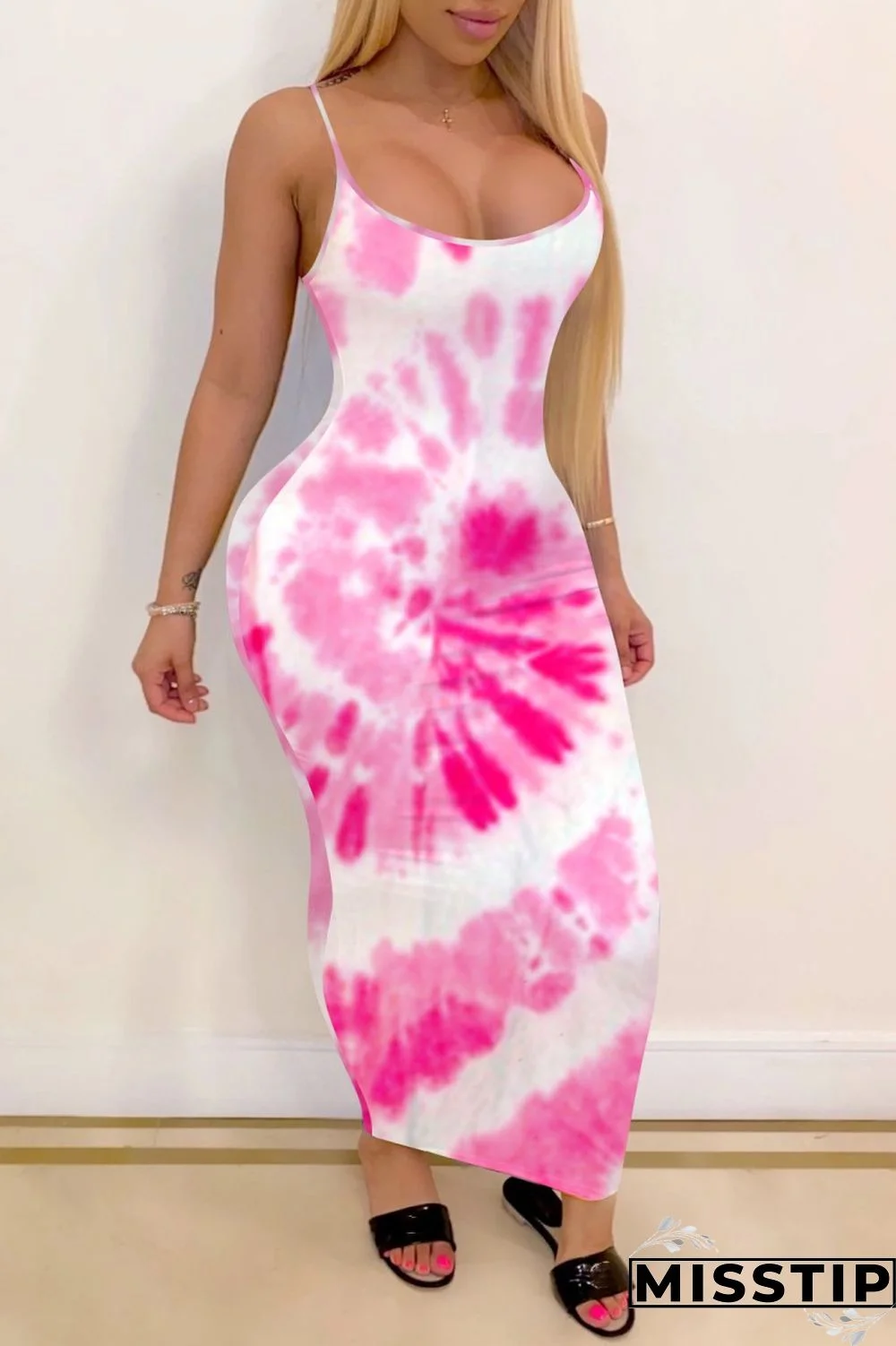 Pink Sexy Print Tie Dye Backless Spaghetti Strap Long Dress Dresses