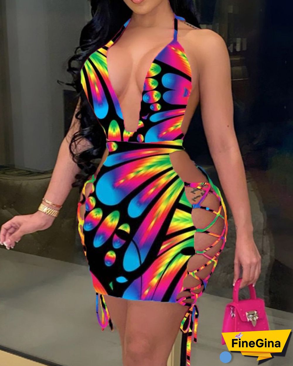 All Over Print Halter Lace-up Bodycon Dress