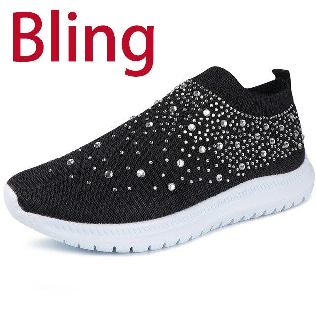 Summer Sneakers Women Sock Shoes Crystal White Sneakers Casual Slip On Flats Ladies Trainers Walking Shoes Basket Femme 2021