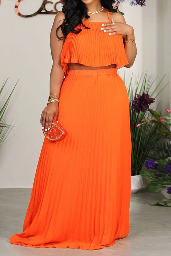 Solid Color Casual Pleated Skirt Suit