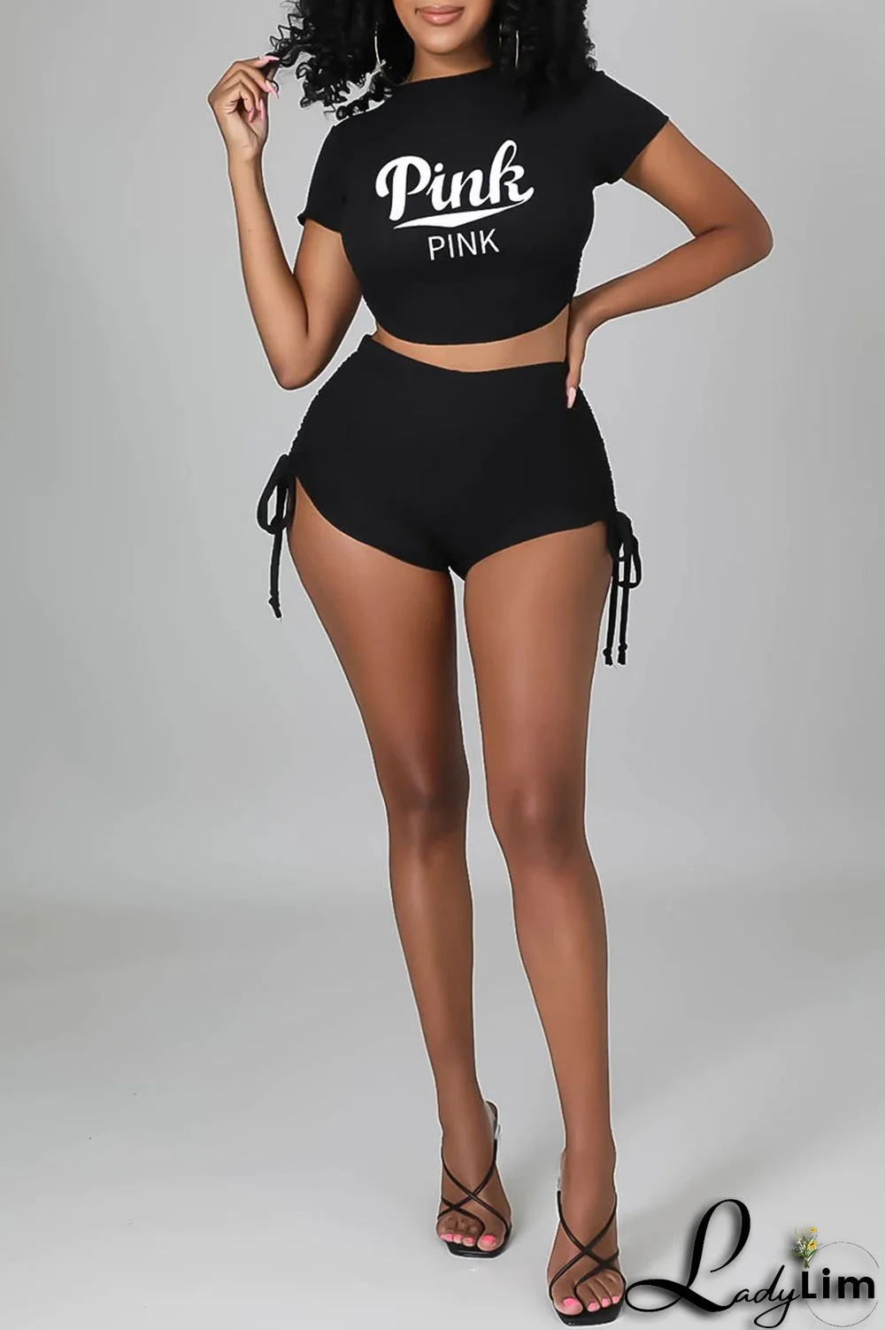 Black Sexy Print Bandage Patchwork Draw String Backless Fold O Neck Short Sleeve Two Pieces