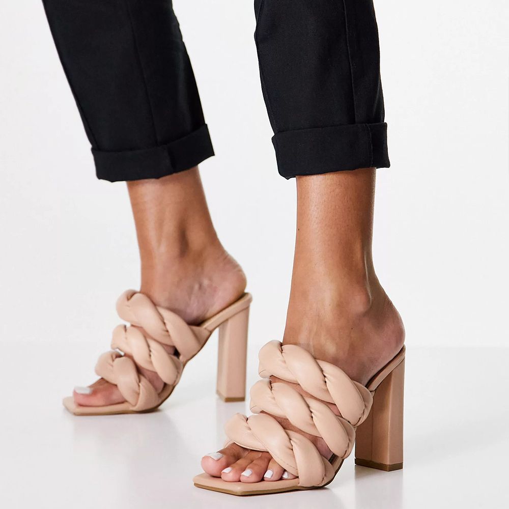 Nude Square Toe Triple Strap Chunky Heel Mule Shoes for Women Nicepairs