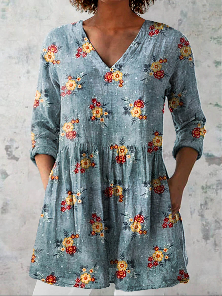 Womens Small Floral Pattern Casual Linen V-Neck Shirt