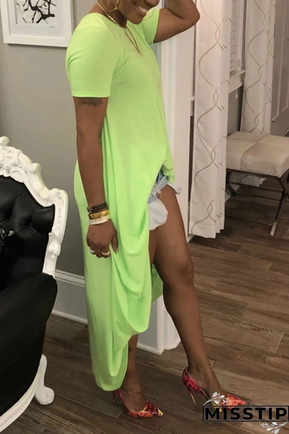 Green Fashion Casual Loose Solid Irregular Dress