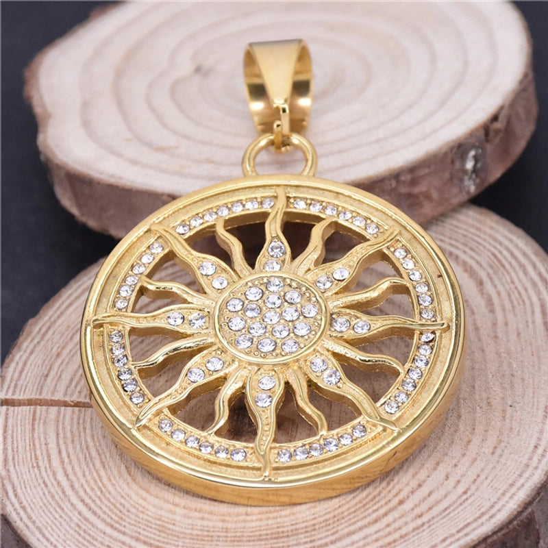 Jewelry Hip-Hop Retro Round Titanium Steel Rhinestones Inlay Pendant Necklace