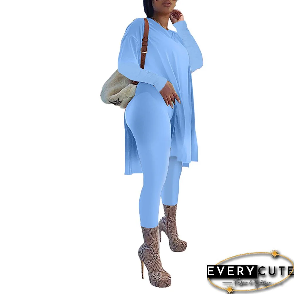 Light Blue Split Long Sleeve Top and Pant Set