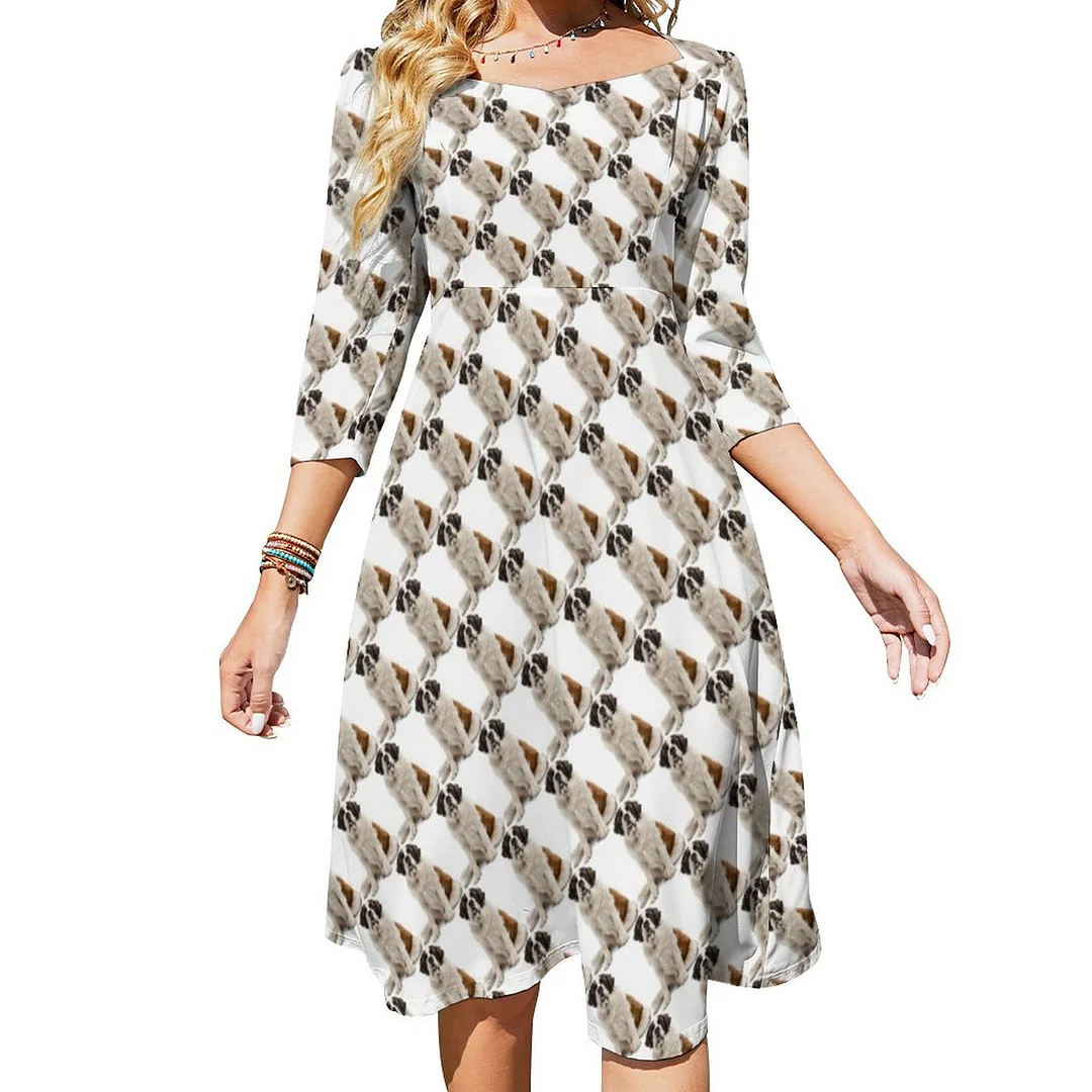 Fun Cute St Bernard Dog Pet Animal Legging Dress Sweetheart Tie Back Flared 3/4 Sleeve Midi Dresses