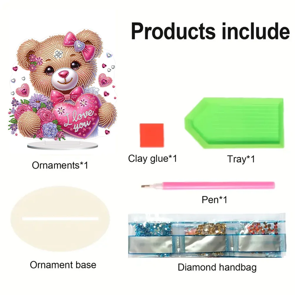 5D DIY Love Flower Bear Acrylic Single-Sided Diamond Painting Tabletop Ornament Kit for Office Desktop Decor