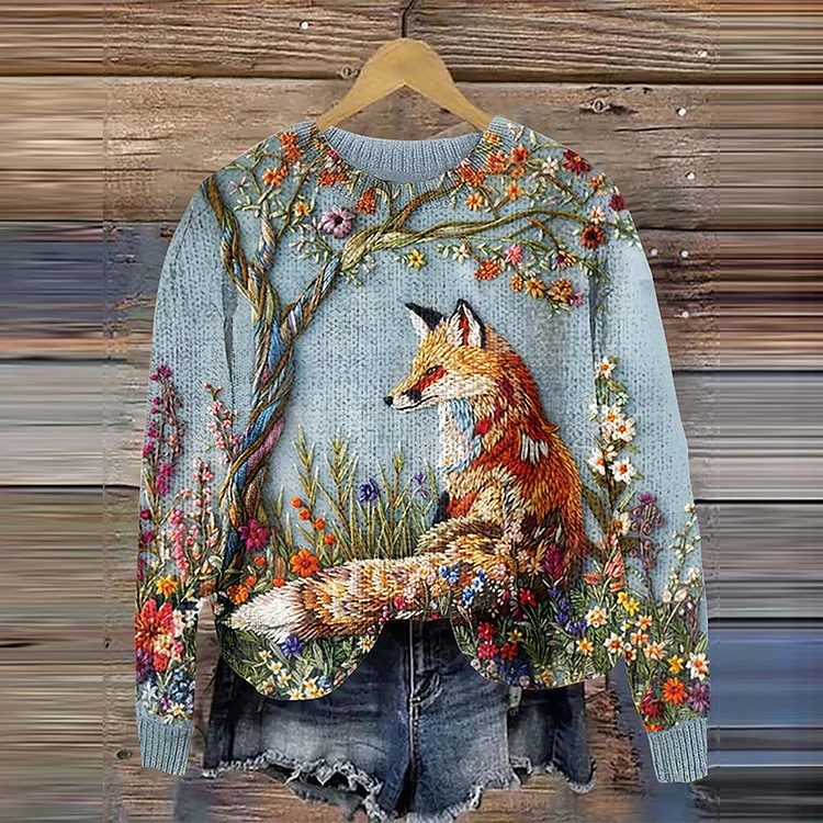Vintage Fox Floral Art Crew Neck Cozy Sweater