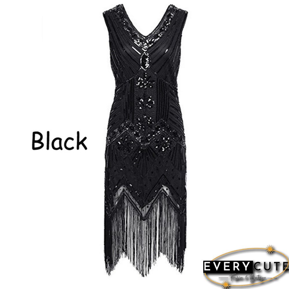 Vintage Dress Great Gatsby Dress 1920S Sequin Flapper Evening Dress Prom Tassel Hem Dress