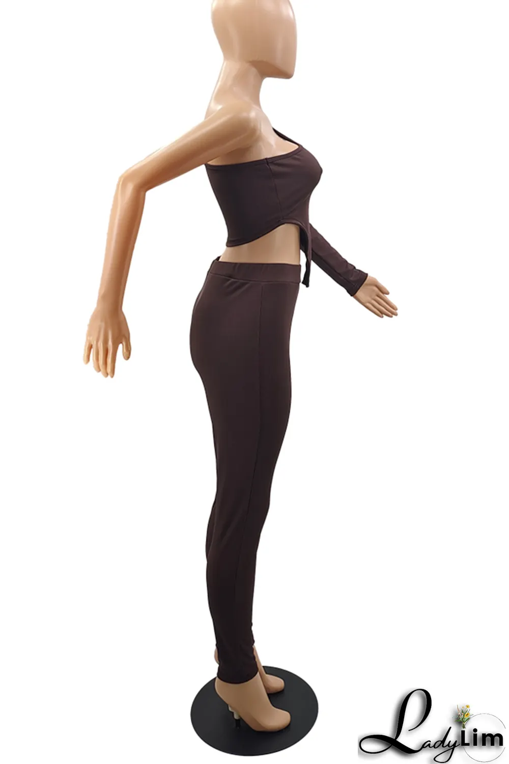 Black Sexy Solid Split Joint One Shoulder Three Quarter Two Pieces