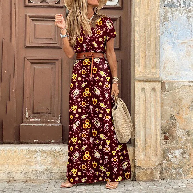 Women's Dress Summer Casual Boho Bohemian Long 2021 Chiffon Oversize Short Sleeve Maxi Beach Dress Casual Elegant Sundress