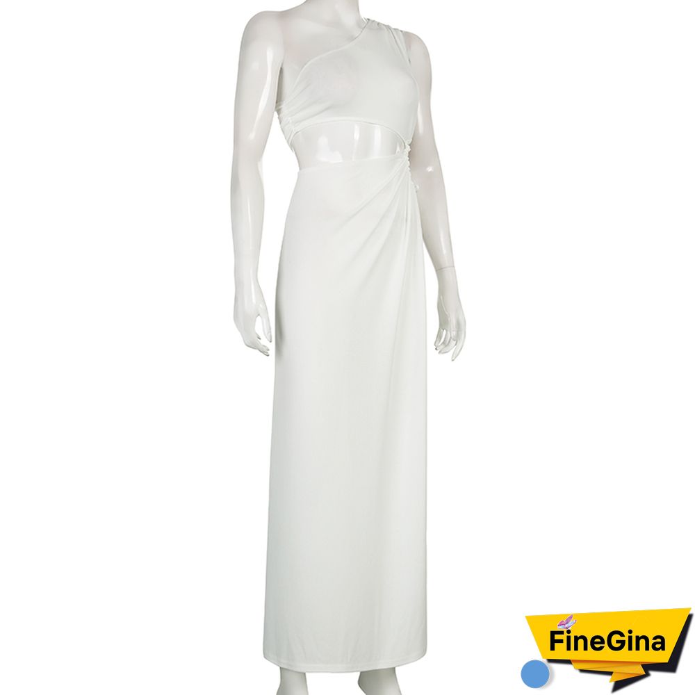 Women Round Cutouts Asymmetrical Neck Elegant Stunning Maxi Dress Midnight Party Robe Female Side Split White Dresses