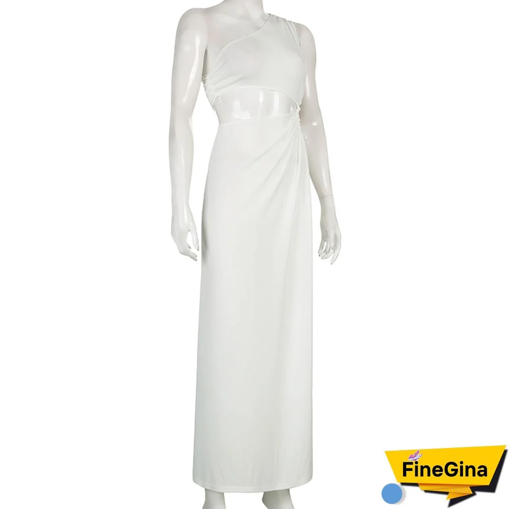 Women Round Cutouts Asymmetrical Neck Elegant Stunning Maxi Dress Midnight Party Robe Female Side Split White Dresses