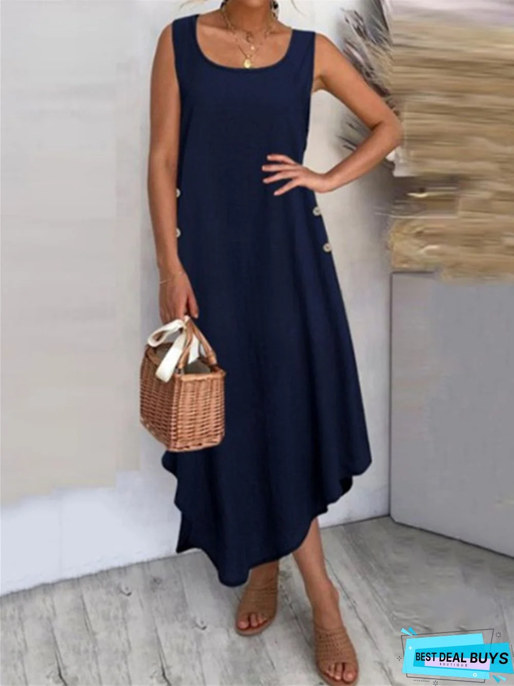 Vest Skirt Cotton Hemp Solid Color Button Irregular Big Hem Dress Long Skirt