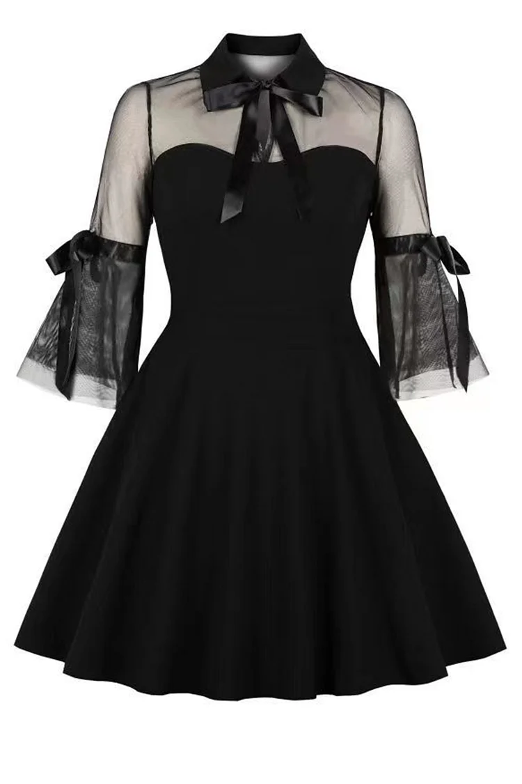 Gothic Black Daily Mesh Patchwork Hollow Out Bow Flare Sleeve Mini Dress