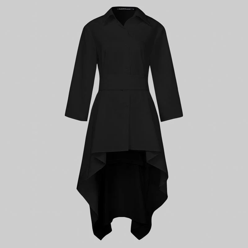 Celmia Oversized Long Shirts Women Fashion Asymmetrical Blouses 2021 Summer Tunic Tops Ladies Lapel Belted Elegant Party Blusas