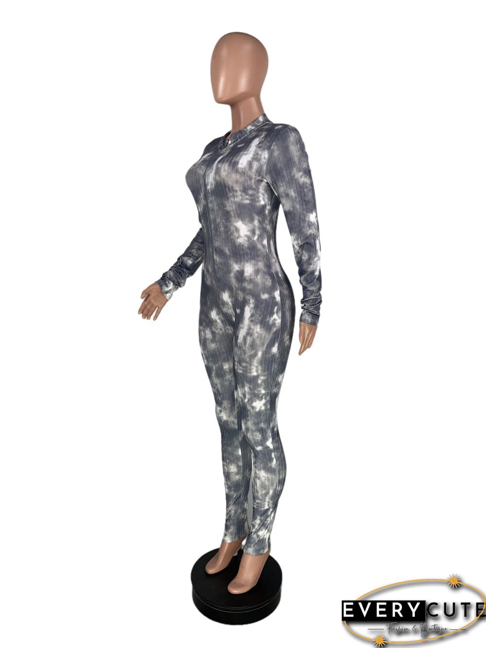 High Neck Tie-dye Zipper Slim Fit Fitness Jumpsuit