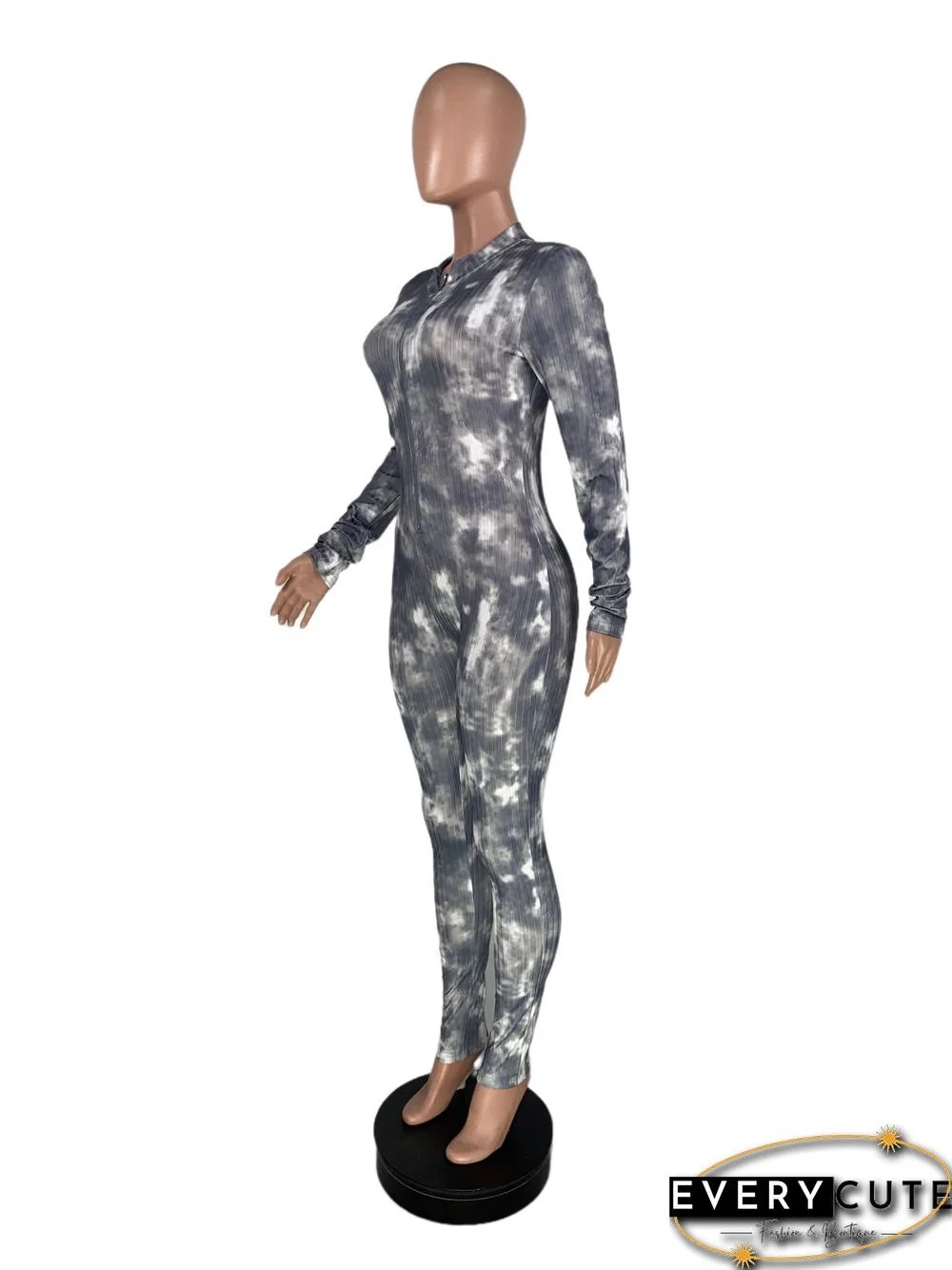 High Neck Tie-dye Zipper Slim Fit Fitness Jumpsuit