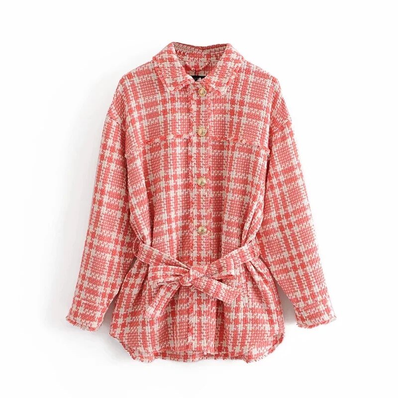 Autumn Women Fashion Sashes Plaid Tweed Jacket Stylish Chic Red Button-up Coats Girls Chic Outerwear Casual Streetwear